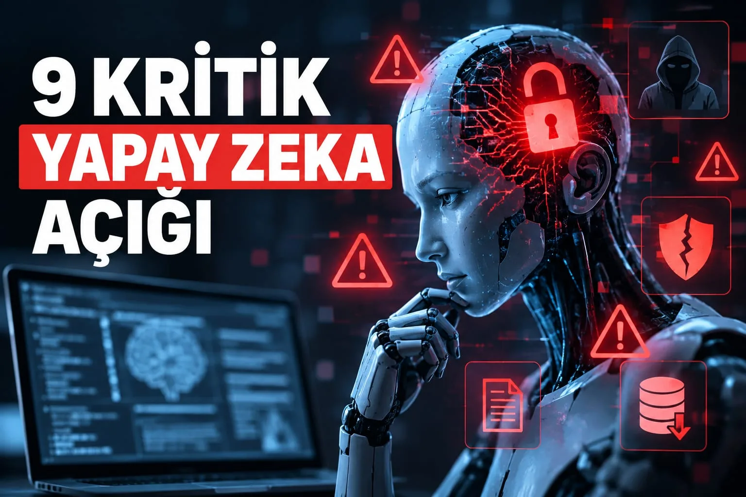 Yapay zekâ güvenliğindeki 9 kritik kurumsal riski simgeleyen görsel